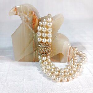 Vintage CINER 3-Strand Costume Pearl Necklace with Gold & Rhinestone Clasp